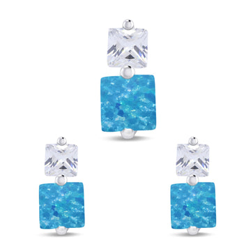 Pendant Earring Jewelry Set Princess Lab Created Blue Opal 925 Sterling Silver